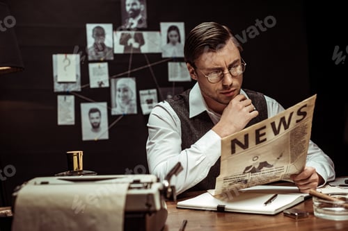 Preview: Concentrated detective in glasses reading newspaper in dark office