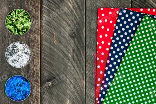 Preview: Polka Dot Fabric and Glitter on Wood Background
