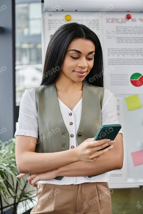 Preview: Confident African American Woman Engaged in Mobile Communication at Creative Workspace
