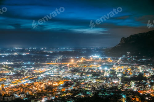Preview: Terracina, Italy. Top Cityscape In Evening Night Illuminations