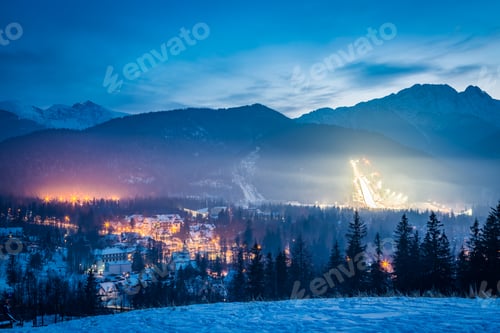 Preview: Skiing competitions in Zakopane in winter at dusk in Poland