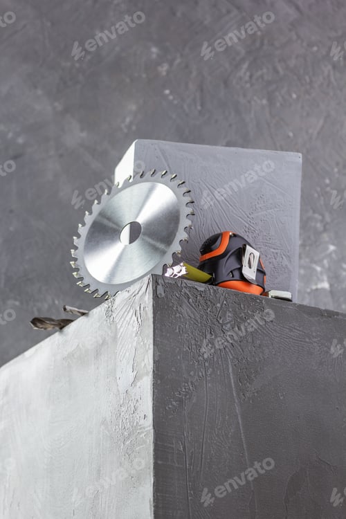 Preview: Circular saw blade and tools at concrete cube or construction blocks. Construction concept