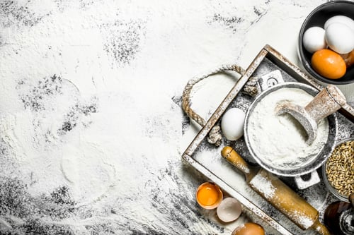 Preview: Dough backround. Flour with eggs and rolling pin.