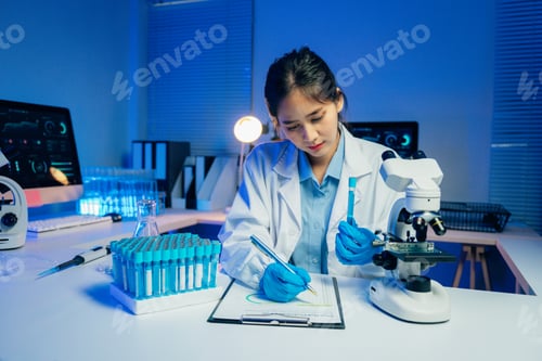 Preview: Scientist analyzing test tube and taking notes in modern laboratory