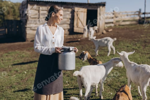 Preview: Young Woman in Countryside Farm Setting Feeding Goats, Holding Traditional Metal Milk Can