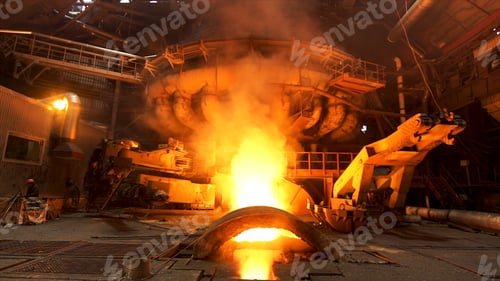 Preview: Hot dark workshop of steel production in electric furnaces, with burning fire and smoke. Stock