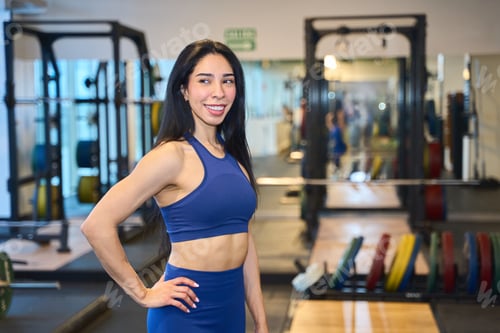 Preview: Confident female trainer in modern gym setting