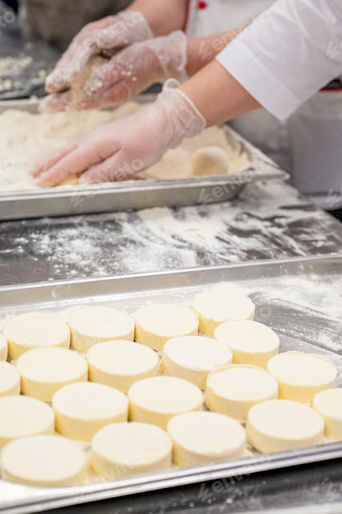 Preview: Chefs in uniform prepare cottafe cheese or syrniki on metal trays sprinkled with flour