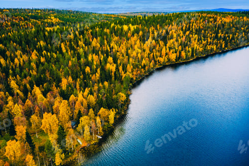 Preview: Aerial drone view of a cottage or cabin in the autumn colors of a forest near a blue lake or river