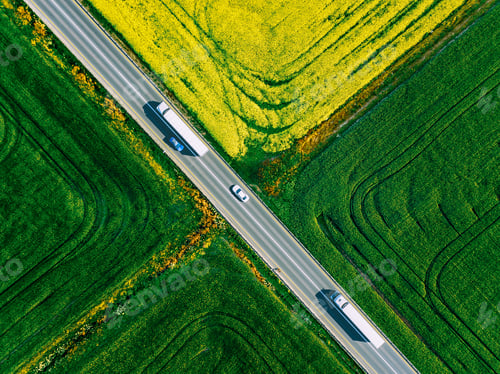 Preview: Aerial view of white trucks and cars driving on asphalt road along the green and yellow fields.