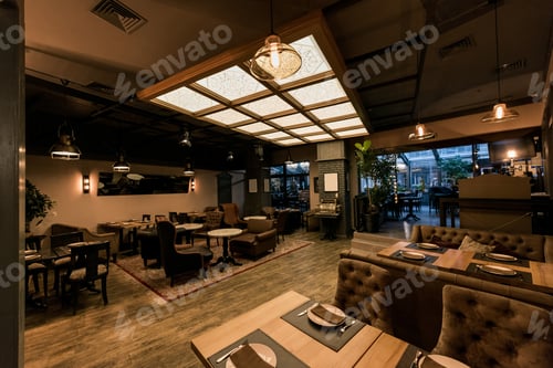 Preview: view of stylish empty cafe with arranged tables and chairs for visitors