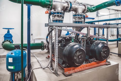 Preview: Industrial interior of water pump, valves, pressure gauges, motors inside engine room