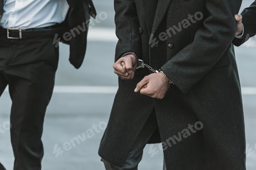 Preview: Cropped image of security guard holding man in handcuffs