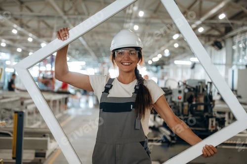 Preview: Big frame in hands. Woman is in the window making factory