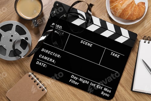 Preview: Flat lay composition with movie clapper on wooden table