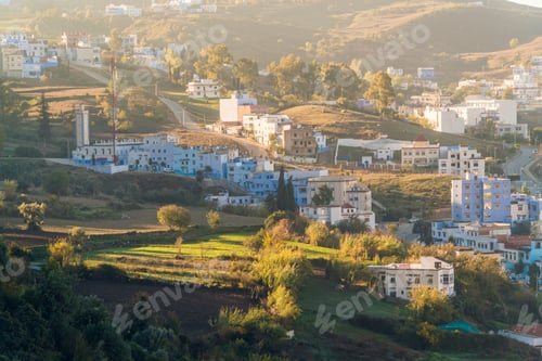 Preview: Morocco, Chefchaouen, Aerial view of town on hillside