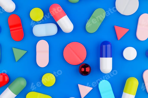 Vista previa: A background filled with various medical pills and health capsules. 3D render