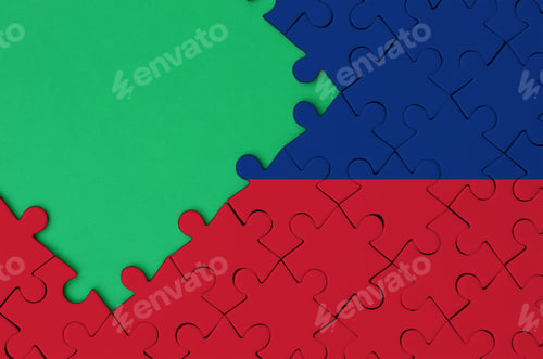 Preview: Liechtenstein flag is depicted on a completed jigsaw puzzle with free green copy space on the left