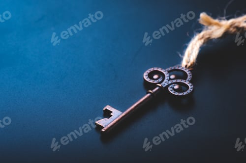 Preview: old antique key for concept of lock, retro door key security metal object, in vintage gold color
