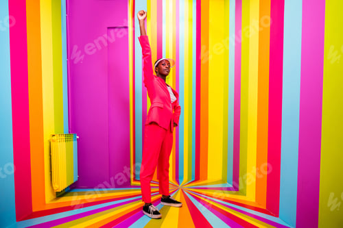 Preview: Beautiful young woman dancing and having fun inside a rainbow box room
