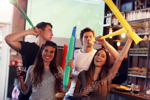 Preview: Group of friends watching soccer in pub