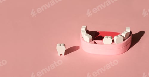 Vista previa: Wooden model toy of a human jaw with a missing tooth on pink background