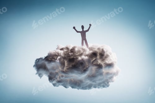 Preview: Winning man standing on a white cloud.
