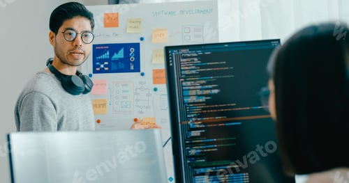 Preview: Asia male female software developers mentor leader manager talk strategy plan to executive.