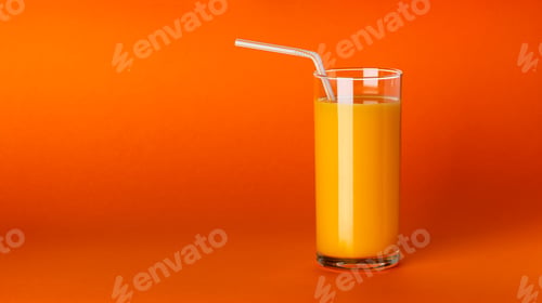 Preview: A glass of orange juice on orange background with copy space