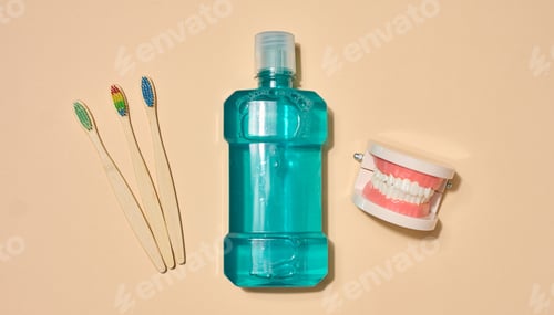 Preview: Set of oral hygiene products and items, including three toothbrushes, a bottle of mouthwash