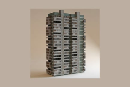 Multi-level building with gridded facade and balconies 3D, Incl ...