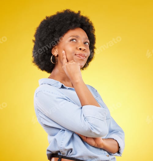 Preview: Thinking, confused and black woman in studio pensive, puzzled and uncertain on yellow background. D