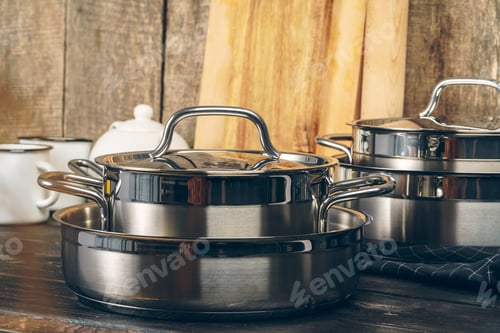 Preview: Set of dishware against old wooden background
