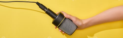 Preview: panoramic shot of woman holding microphone on yellow background