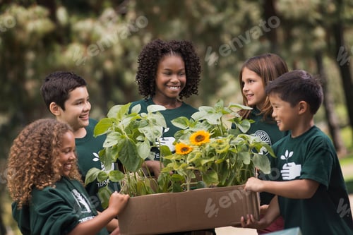 Preview: Children in a group learning about plants and flowers looking at sunflowers and young plants.