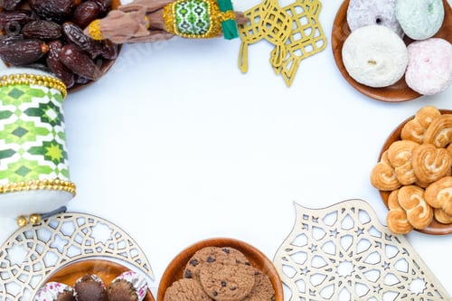 Preview: Arrangement Various Sweet Food On Wooden Plate And Islamic Decoration For Frame Border Ramadan Event