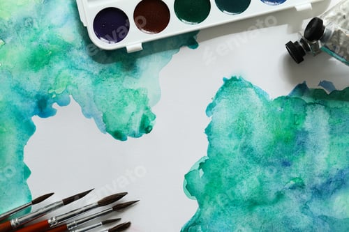 Preview: Abstract Watercolor Painting with Palette and Brushes