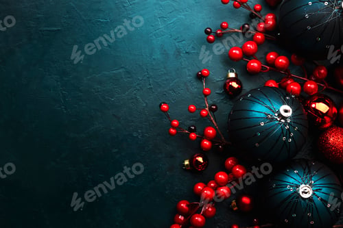 Preview: Blue Christmas or New Year background with blue Christmas balls, red berries and stars