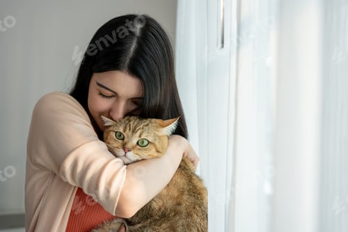 Preview: Asian young woman holding and play with little domestic cat at home.
