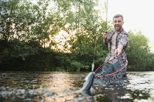Preview: Fisherman catches a trout on the river in summer