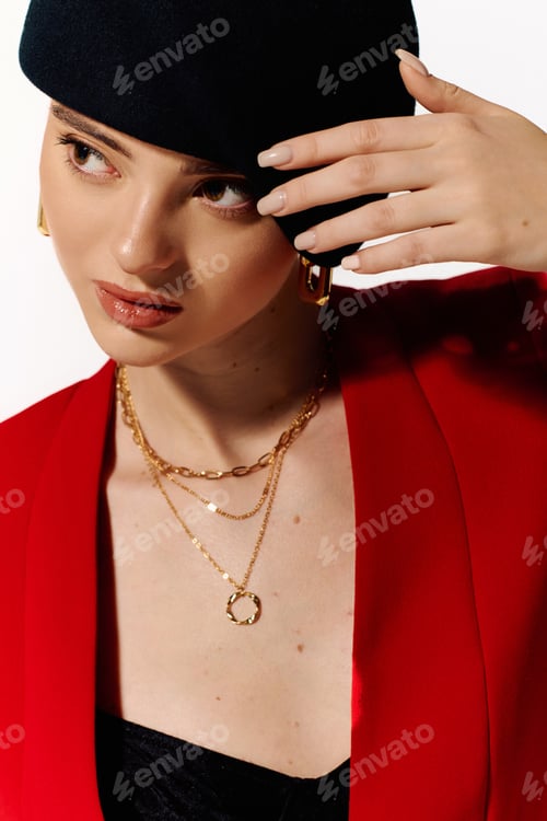 Preview: Stylish young woman in bold red blazer and elegant accessories striking a confident pose