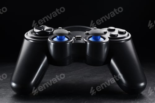 Preview: Black wireless gamepad or joystick on black background.