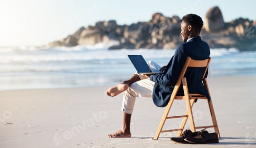 Preview: Beach, work and black man reading an email on a laptop with 5g internet while working by ocean. Rel