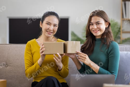 Preview: Two freelance SME Asian women working on laptop computer with parcel box on table laptop at home,