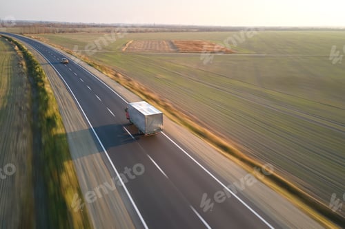 Preview: Aerial view of cargo truck driving on highway hauling goods.