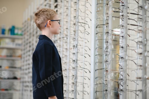 Preview: Boy choosing eyeglasses in optical store: vision care and eye health