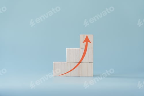 Preview: Red arrow going up on wooden blocks and light blue background