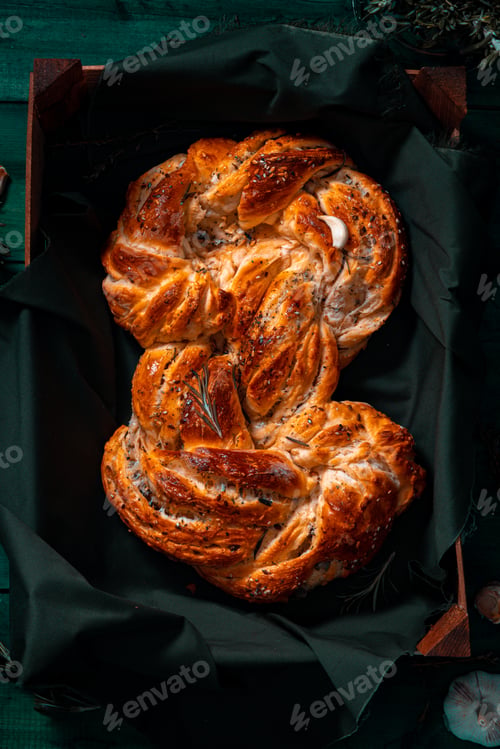 Preview: Freshly made Italian bread on greenwooden board with herbs and garlic, Mediterranean Food background