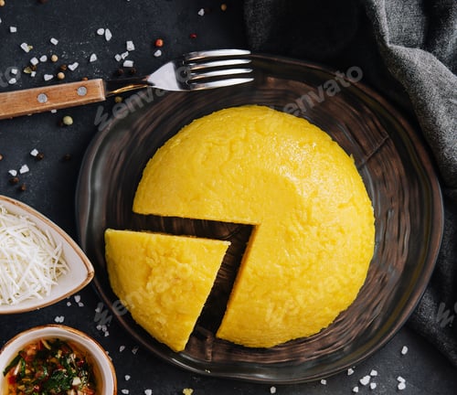 Preview: Porridge from corn flour. served with brynza and garlic sauce
