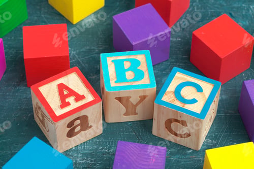 Preview: Alphabet blocks ABC on wooden table